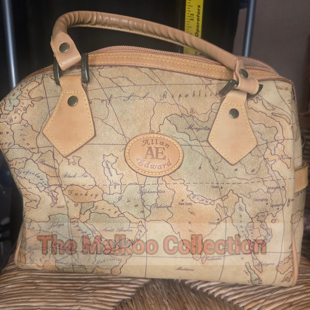 ALLEN EDWARDS MAP PRINT TAN HANDLE PURSE!